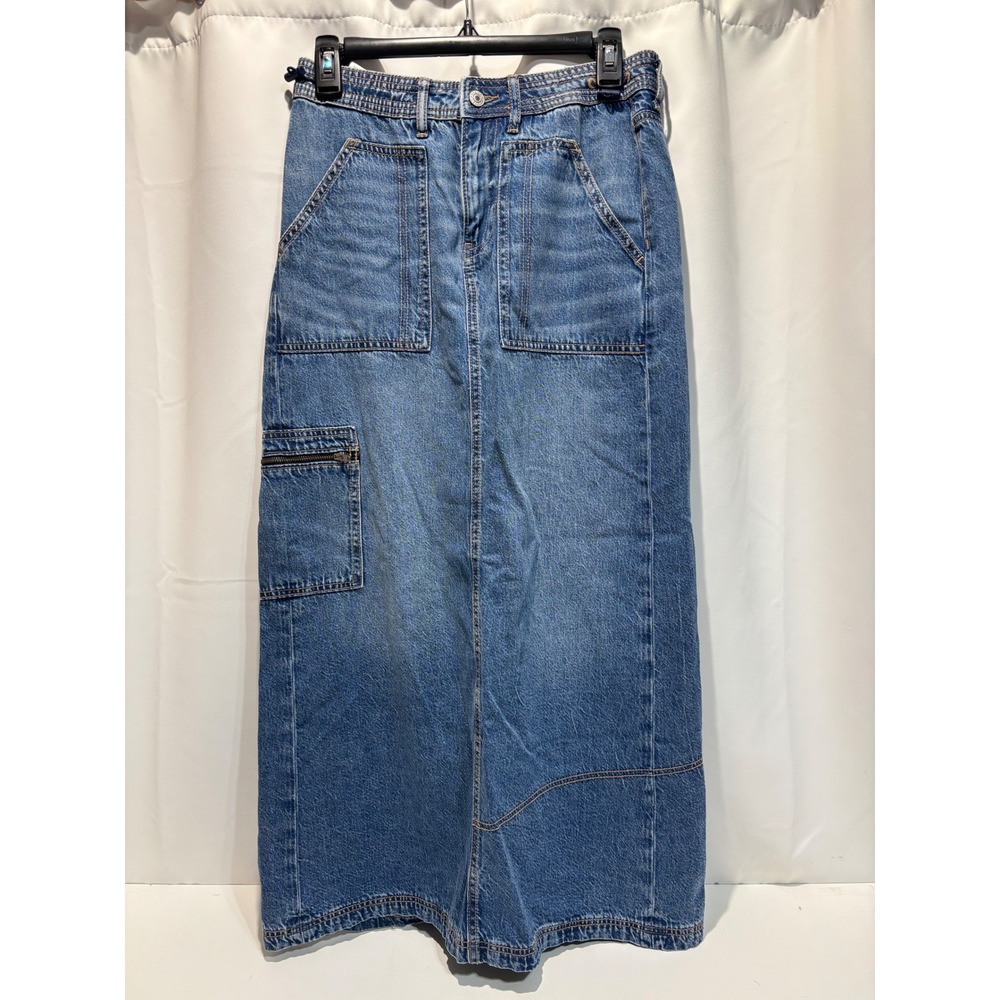 New American Eagle Denim Maxi Skirt Womens 2 Blue Low Rise Cargo Utility Slit